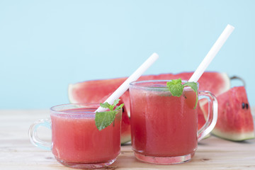 watermelon slice drink juice on wood table