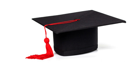 Graduation cap with red tassel isolated on white background