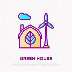 Green house and windmills thin line icon. Modern vector illustration.