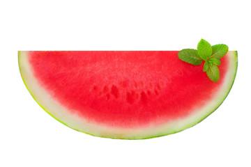 Slice watermelon with mint leaf   isolated on a white background, close up. Seedless half of Watermelon .