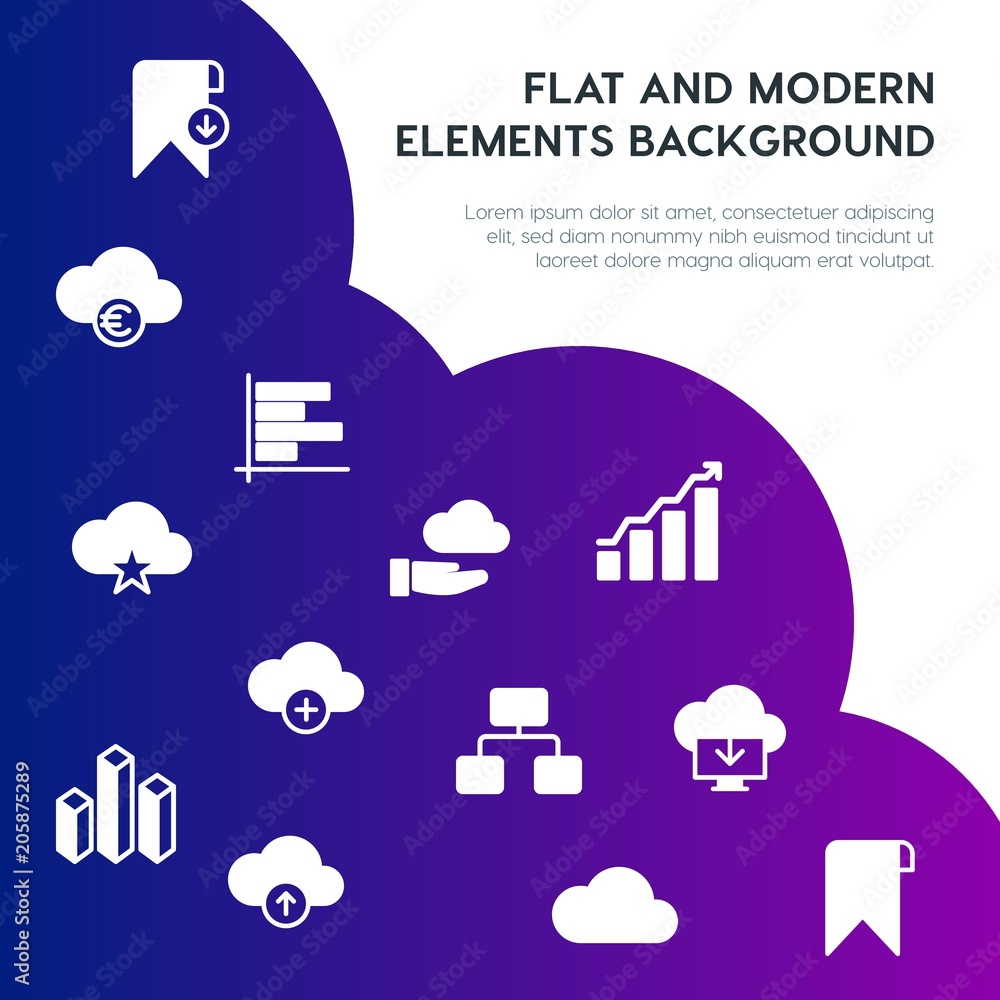 Poster cloud and networking, charts, mobile, bookmarks fill vector icons and elements background concept on