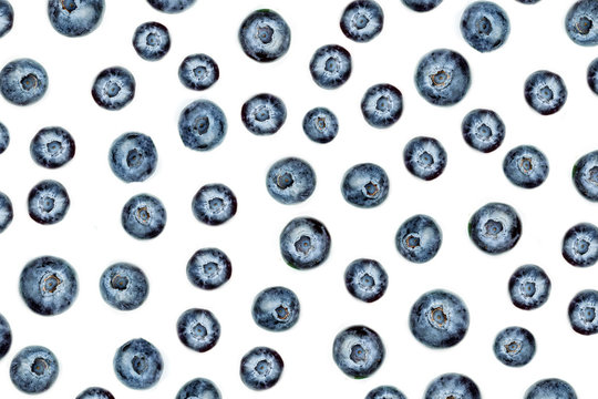 Blueberry Pattern.  Fresh Blue Berry Fruits  Isolated On White Background, Top View.