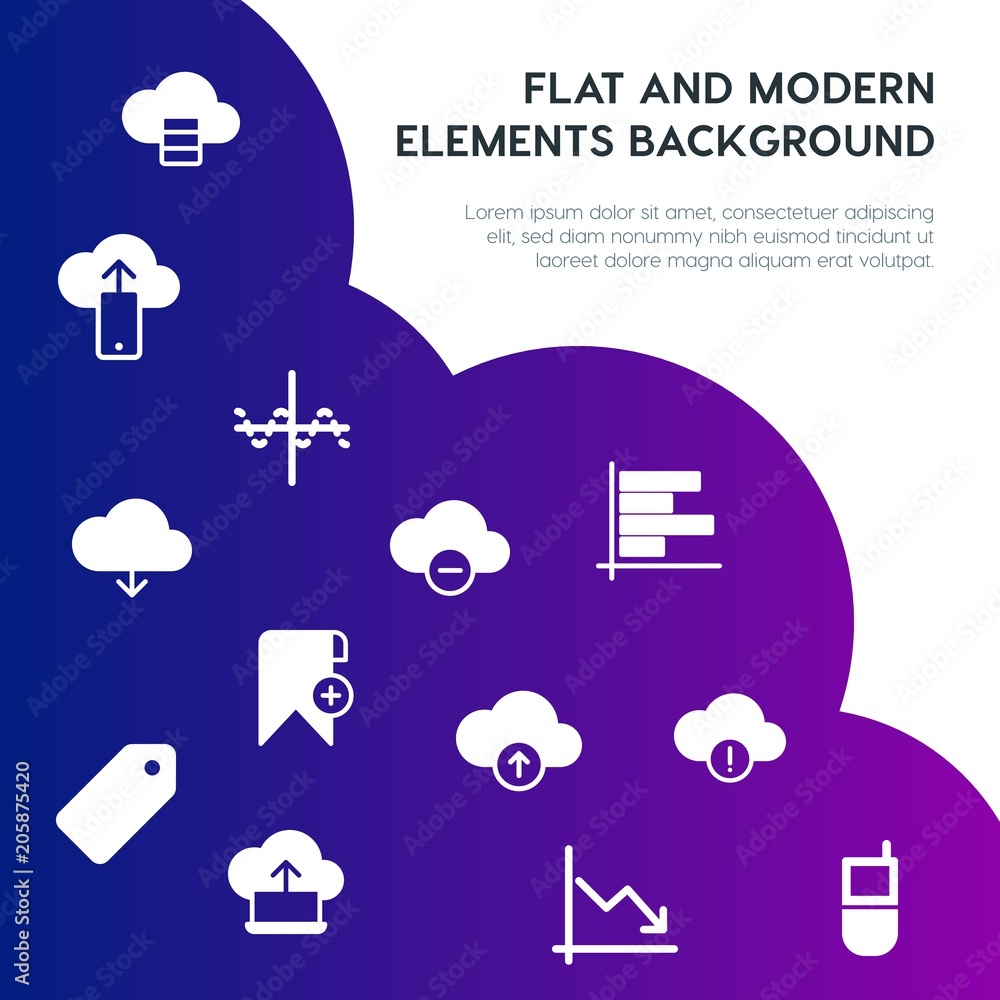 Poster cloud and networking, charts, mobile, bookmarks fill vector icons and elements background concept on