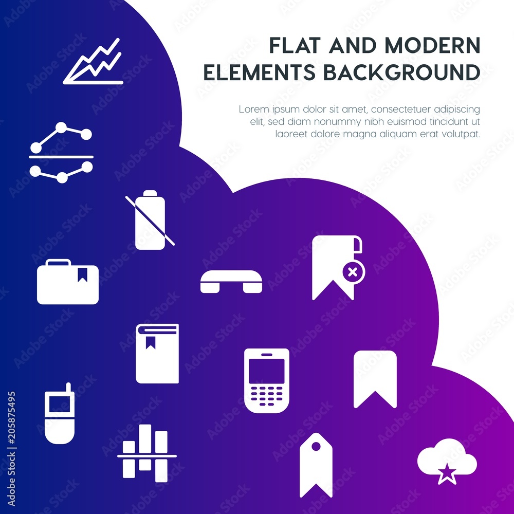 Poster cloud and networking, charts, mobile, bookmarks fill vector icons and elements background concept on