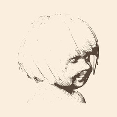 Portrait of pretty little girl. Emotions of happiness. Vintage engraved illustration