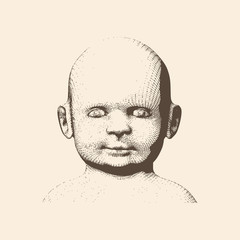 Portrait of pretty little boy. Emotions of happiness. Vintage engraved illustration