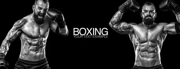 Fototapeta na wymiar Sportsman muay thai boxers fighting. Isolated on black background. Copy Space. Sport concept.
