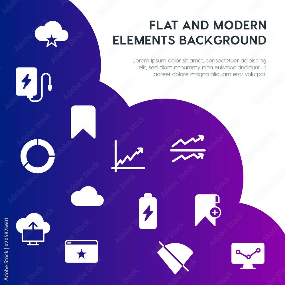 Poster cloud and networking, charts, mobile, bookmarks fill vector icons and elements background concept on