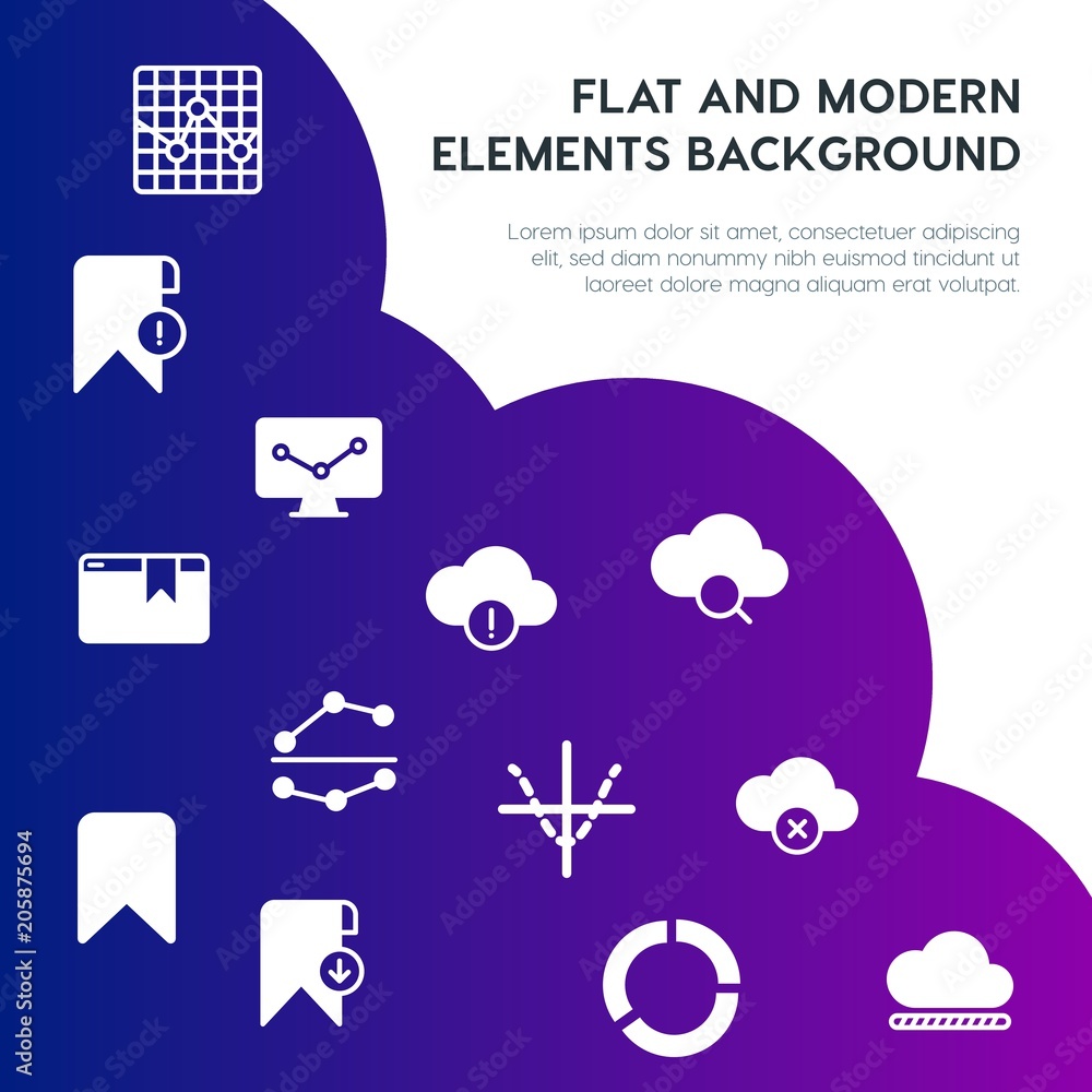 Poster cloud and networking, charts, mobile, bookmarks fill vector icons and elements background concept on