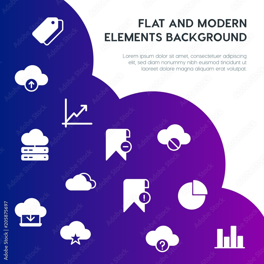 Poster cloud and networking, charts, mobile, bookmarks fill vector icons and elements background concept on
