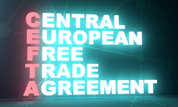 Acronym CEFTA - Central European Free Trade Agreement. Business conceptual image. 3D rendering. Neon bulb illumination. Global teamwork.
