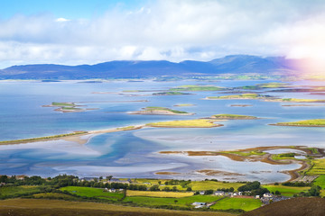 Beautiful scenic sea and mountain landscape with islands. View from Croagh Patrick - mountain in Co. Mayo, Westport, West coast of Ireland, Atlantic ocean