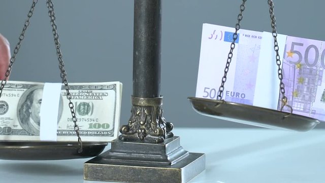 Dollar outweighs euro on scales, concept of international relations, trading