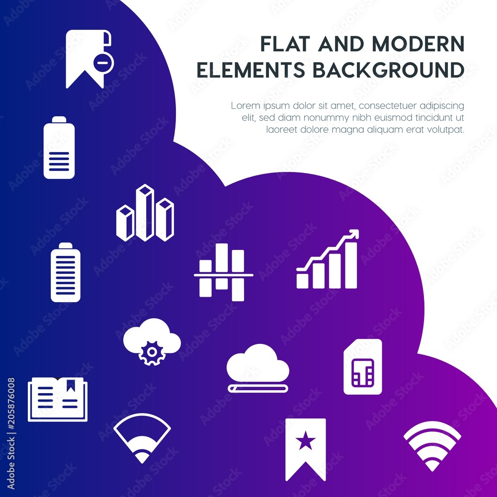 Poster cloud and networking, charts, mobile, bookmarks fill vector icons and elements background concept on