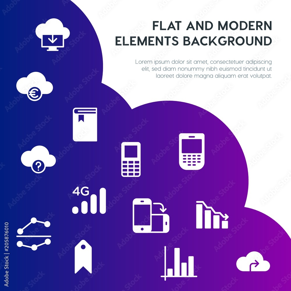 Poster cloud and networking, charts, mobile, bookmarks fill vector icons and elements background concept on