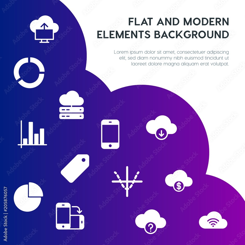 Poster cloud and networking, charts, mobile, bookmarks fill vector icons and elements background concept on