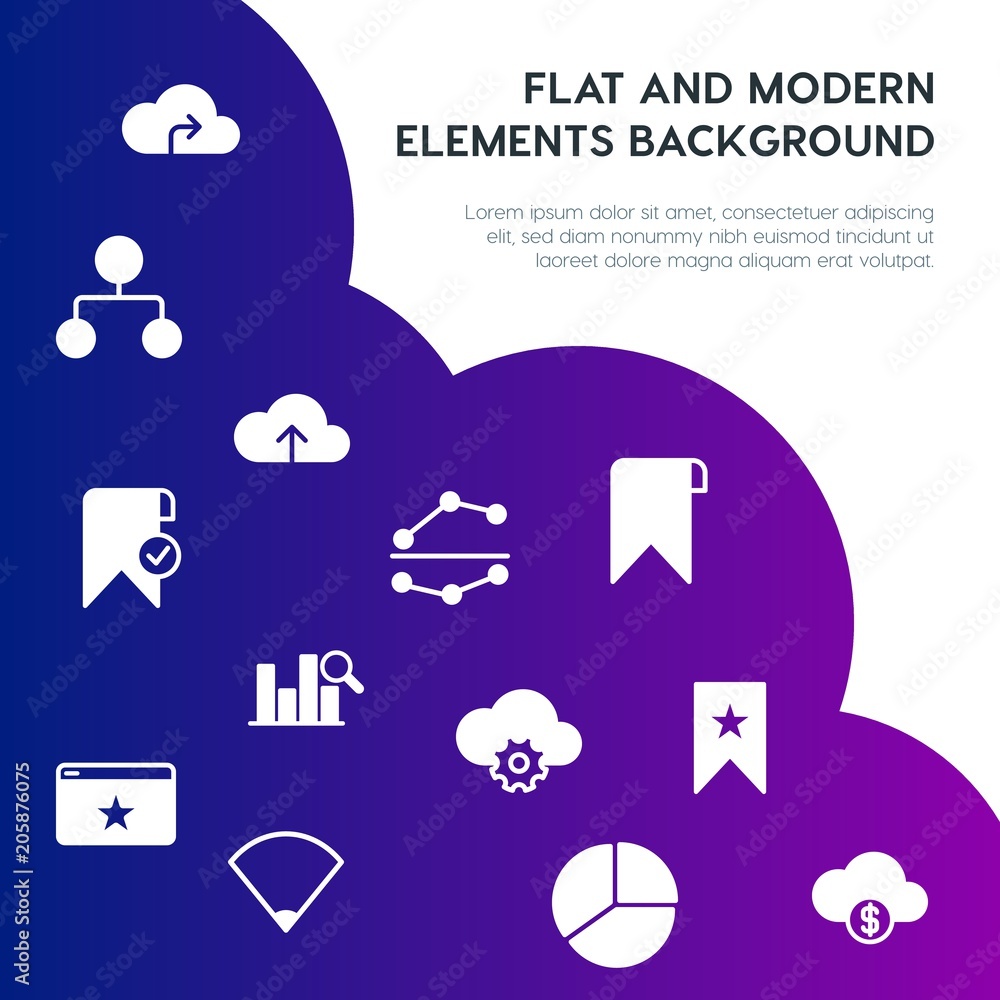 Poster cloud and networking, charts, mobile, bookmarks fill vector icons and elements background concept on