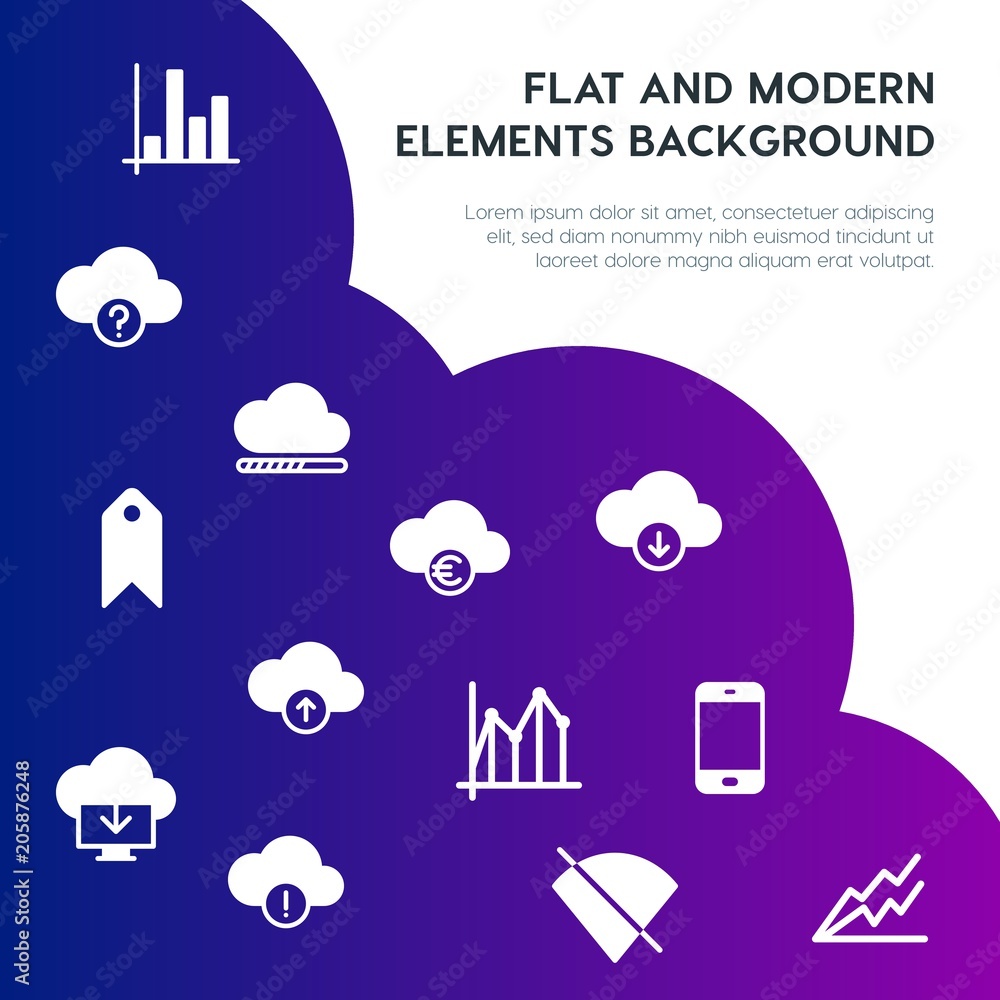 Poster cloud and networking, charts, mobile, bookmarks fill vector icons and elements background concept on