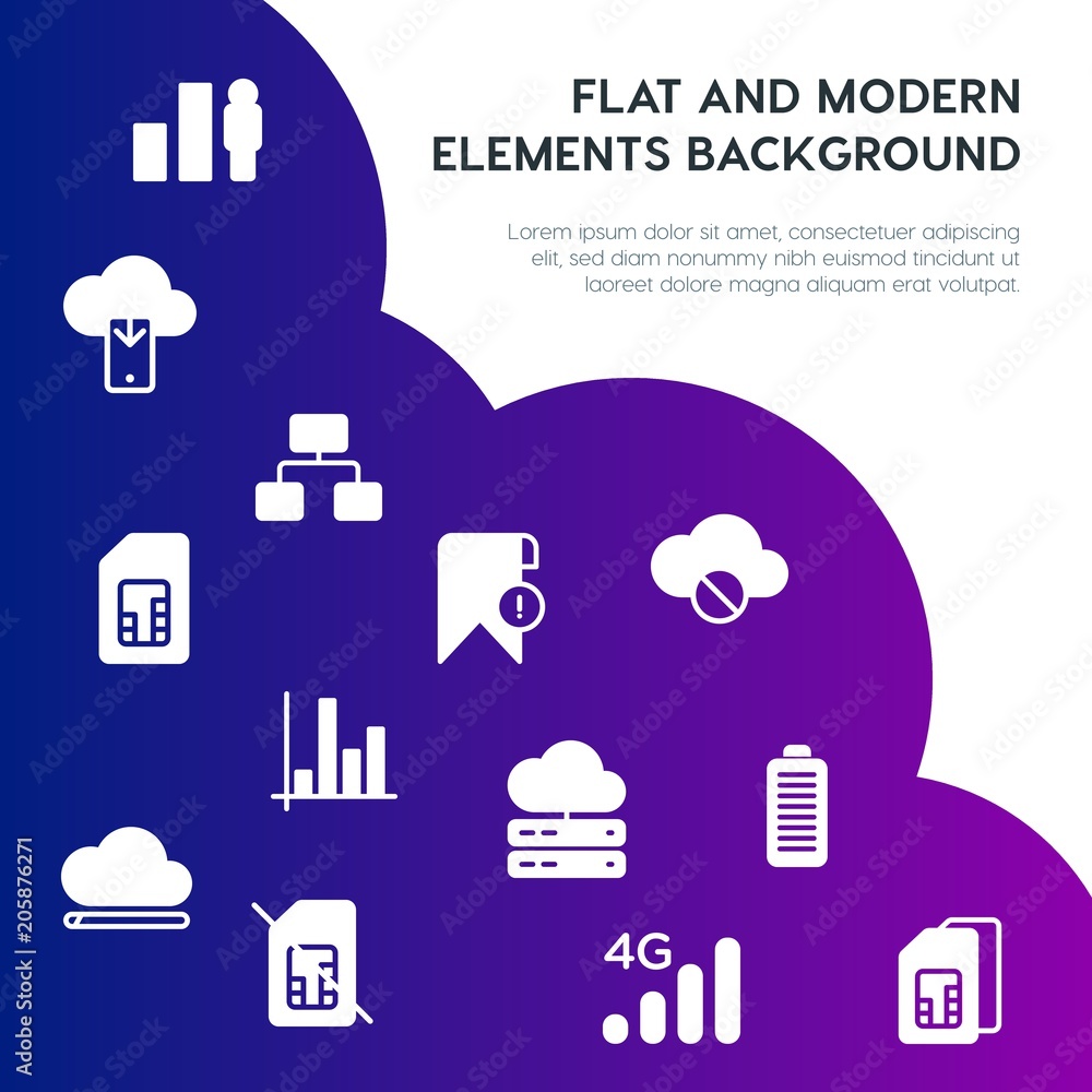 Poster cloud and networking, charts, mobile, bookmarks fill vector icons and elements background concept on