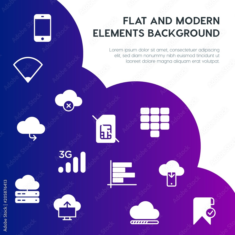 Poster cloud and networking, charts, mobile, bookmarks fill vector icons and elements background concept on