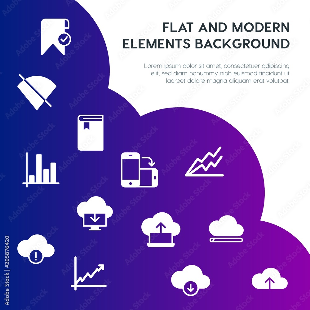 Poster cloud and networking, charts, mobile, bookmarks fill vector icons and elements background concept on