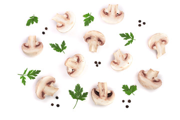 Fototapeta premium mushrooms with parsley leaf peppercorns isolated on white background. top view. Flat lay