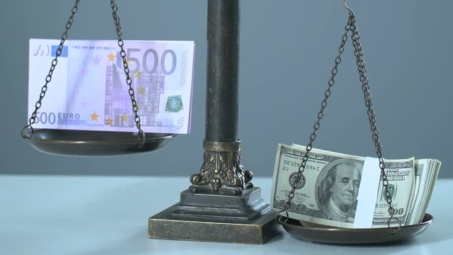 Euros and dollars on scales, changes in currency exchange rates, stock market