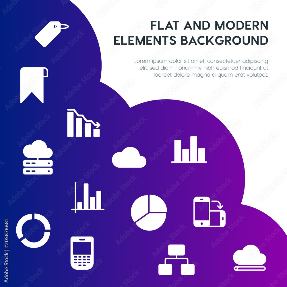 Poster cloud and networking, charts, mobile, bookmarks fill vector icons and elements background concept on