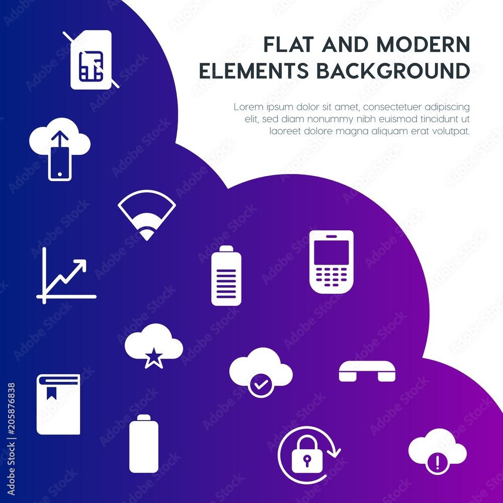 Poster cloud and networking, charts, mobile, bookmarks fill vector icons and elements background concept on