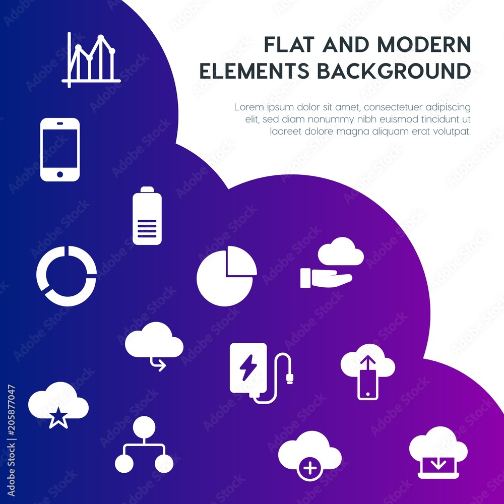 Poster cloud and networking, charts, mobile, bookmarks fill vector icons and elements background concept on