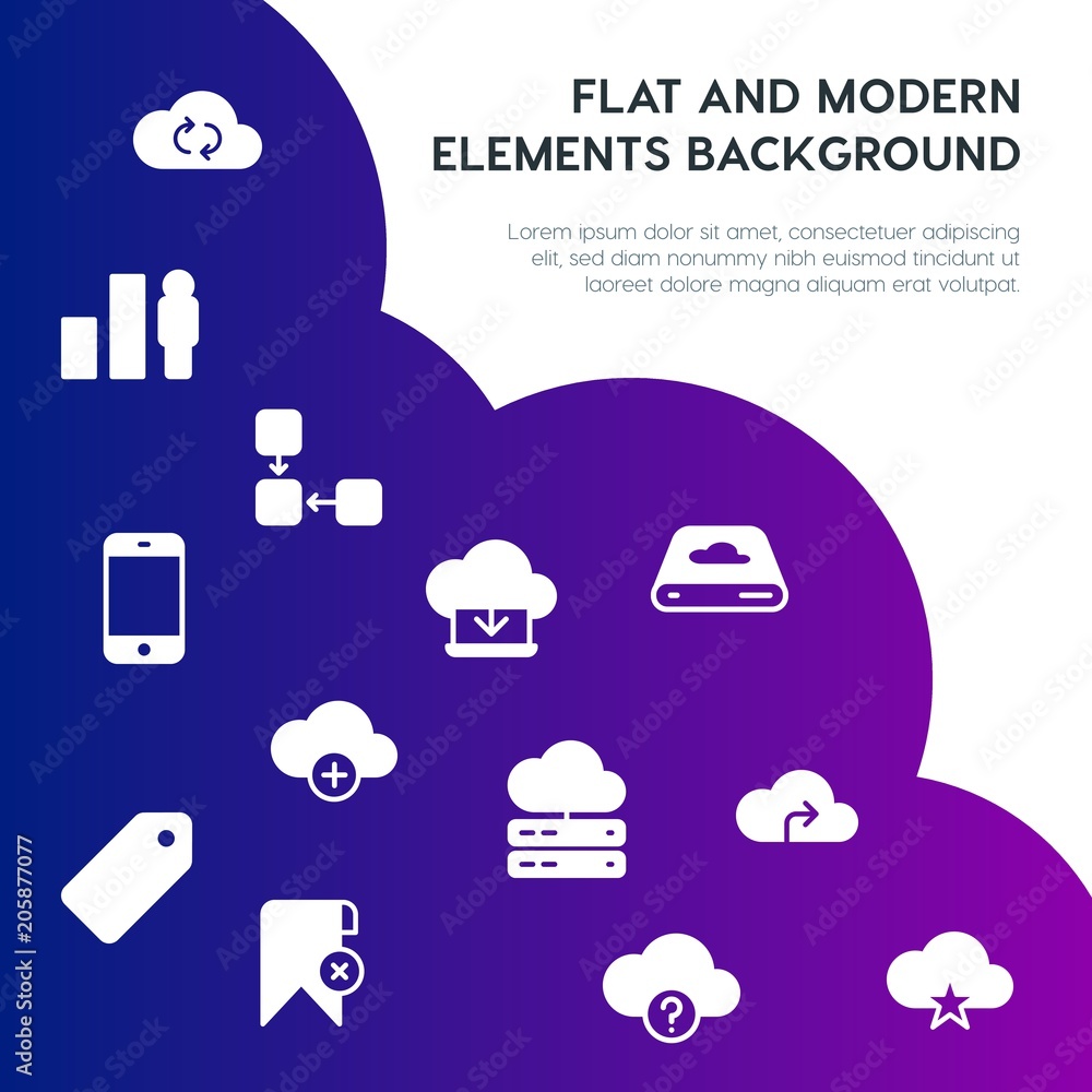 Poster cloud and networking, charts, mobile, bookmarks fill vector icons and elements background concept on