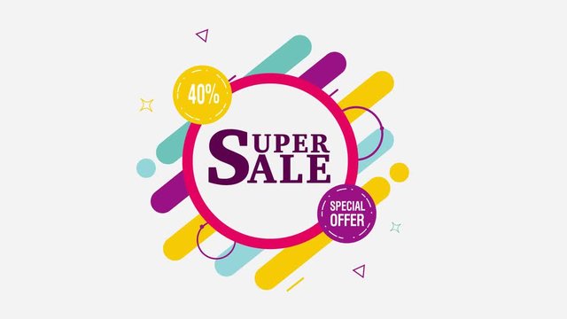 Super Sale motion layout. 40% off. Alpha channel. Label of summer discount and special offer. 4K Black Friday animation online shopping banner.