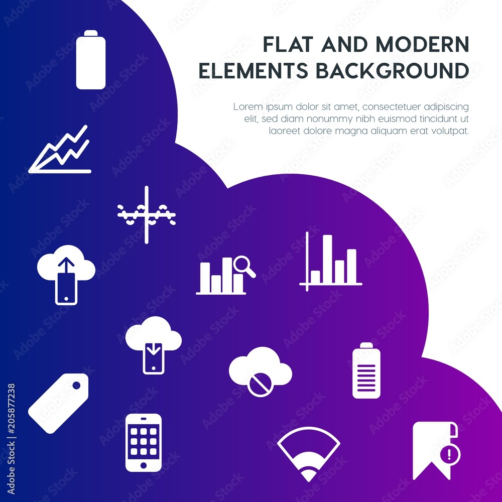 Poster cloud and networking, charts, mobile, bookmarks fill vector icons and elements background concept on