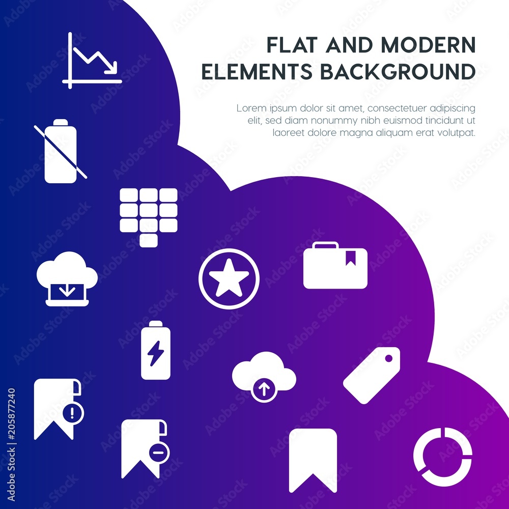 Poster cloud and networking, charts, mobile, bookmarks fill vector icons and elements background concept on