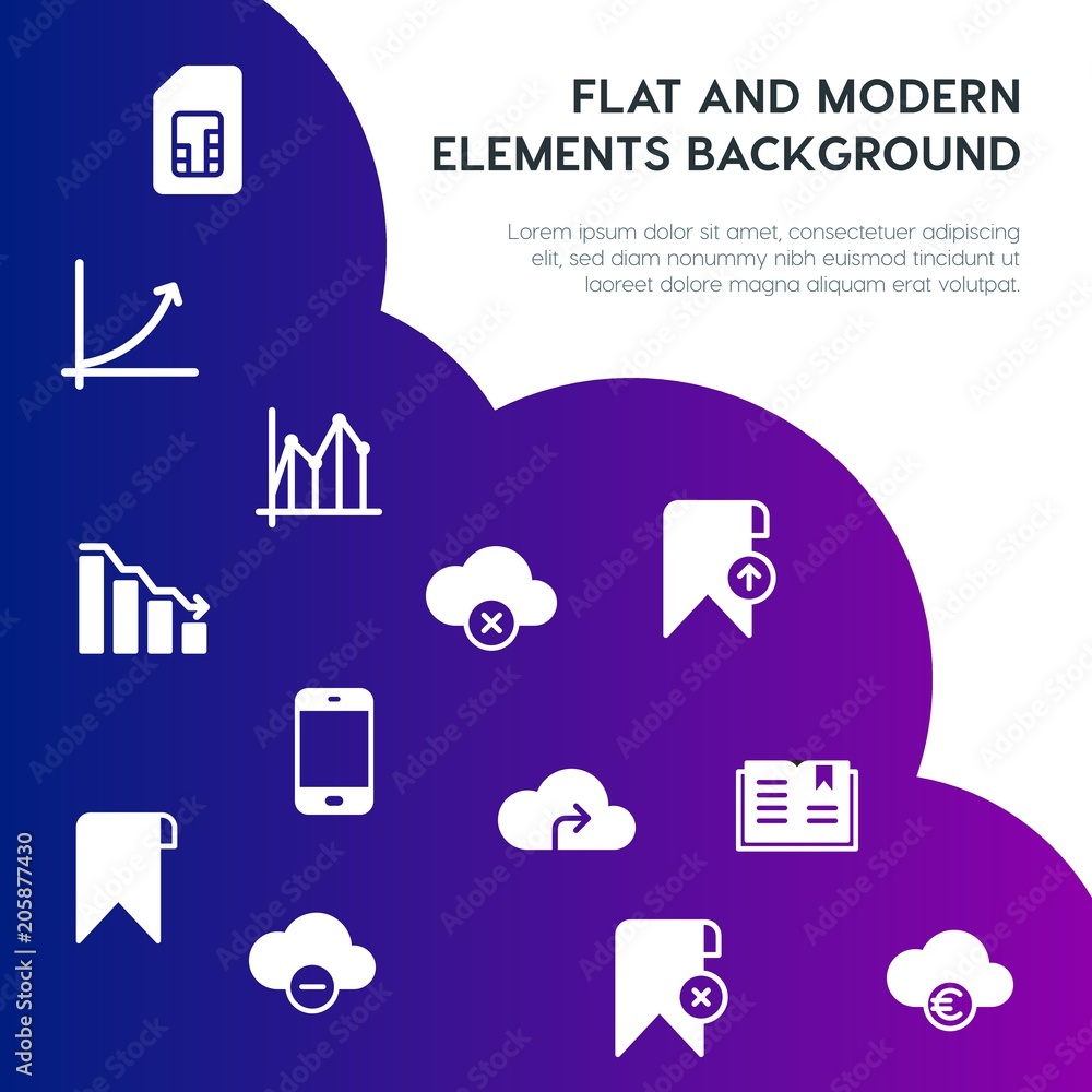 Poster cloud and networking, charts, mobile, bookmarks fill vector icons and elements background concept on
