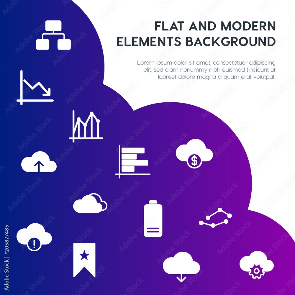 Poster cloud and networking, charts, mobile, bookmarks fill vector icons and elements background concept on
