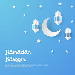 Ramadan kareem design background with lantern, moon, star paper art. vector illustration