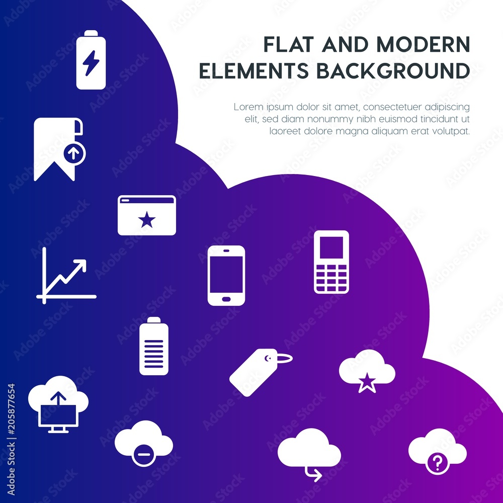 Poster cloud and networking, charts, mobile, bookmarks fill vector icons and elements background concept on