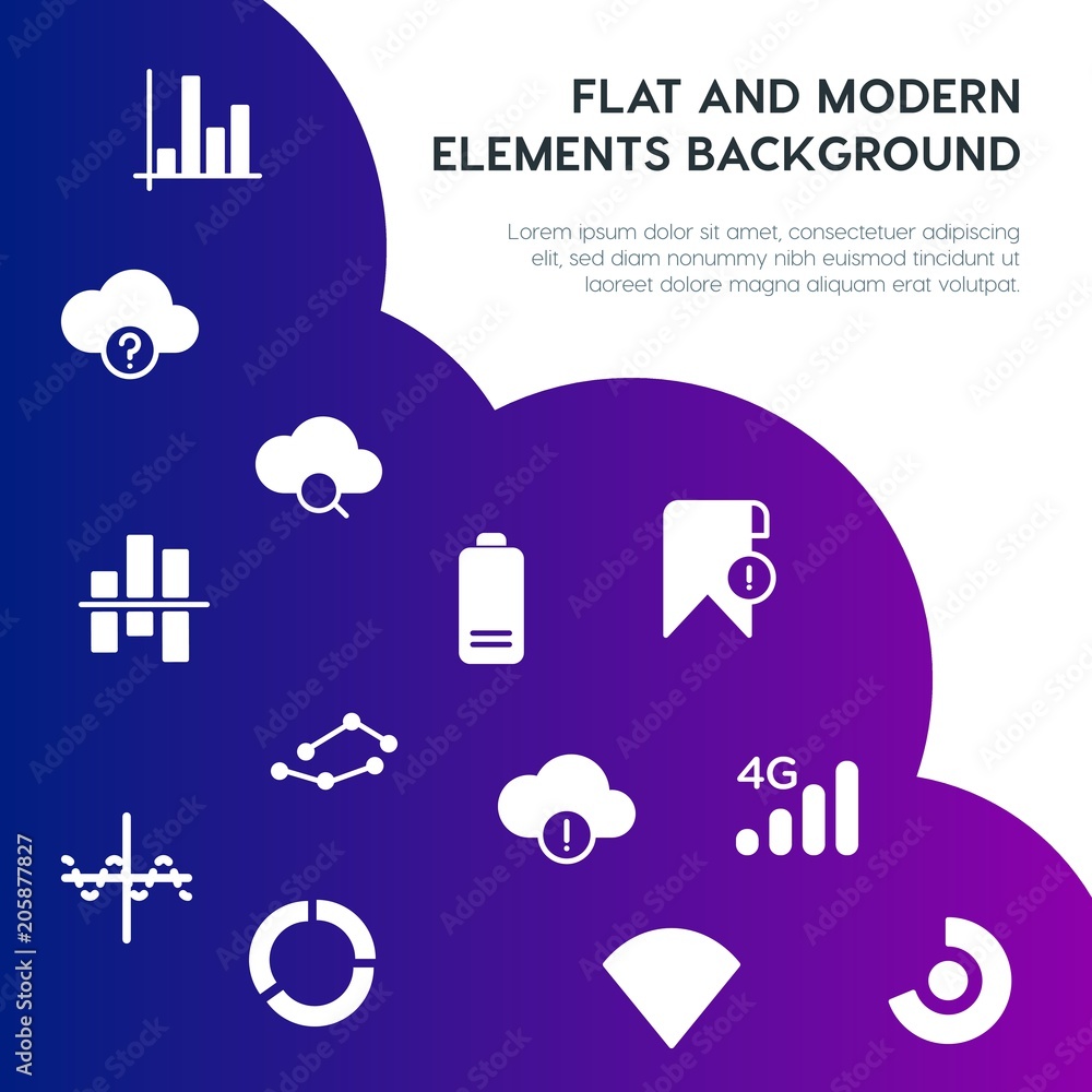 Poster cloud and networking, charts, mobile, bookmarks fill vector icons and elements background concept on