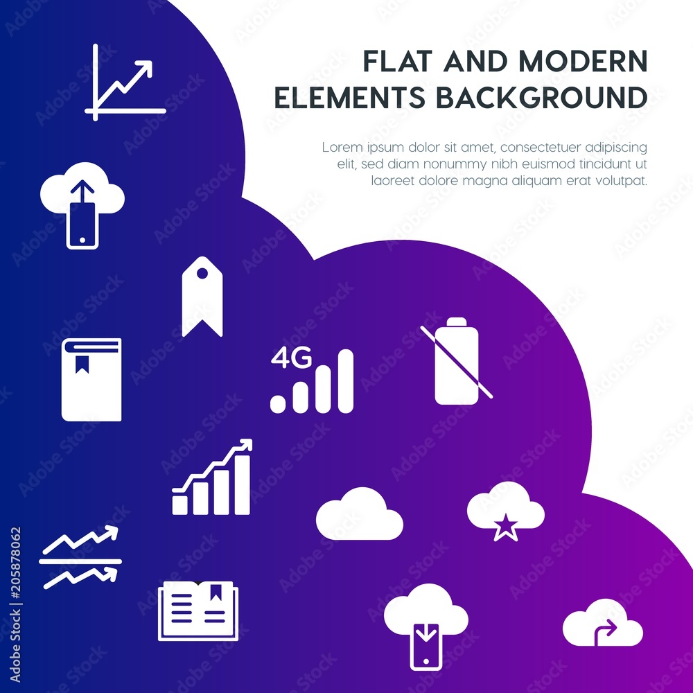 Poster cloud and networking, charts, mobile, bookmarks fill vector icons and elements background concept on