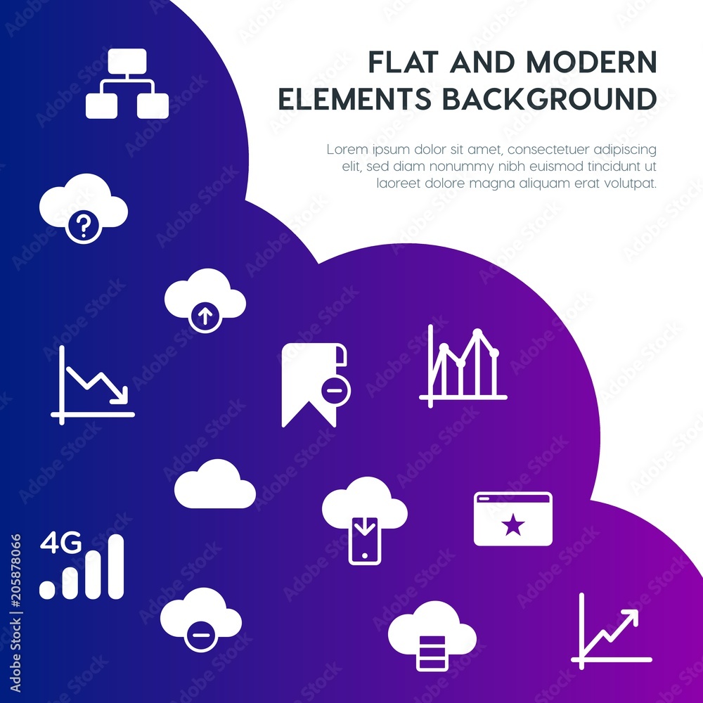 Poster cloud and networking, charts, mobile, bookmarks fill vector icons and elements background concept on