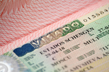 Obraz premium Spanish Schengen visa in a passport