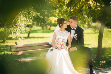 A young couple in wedding clothes is sitting on a bench in a park. Sunny weather