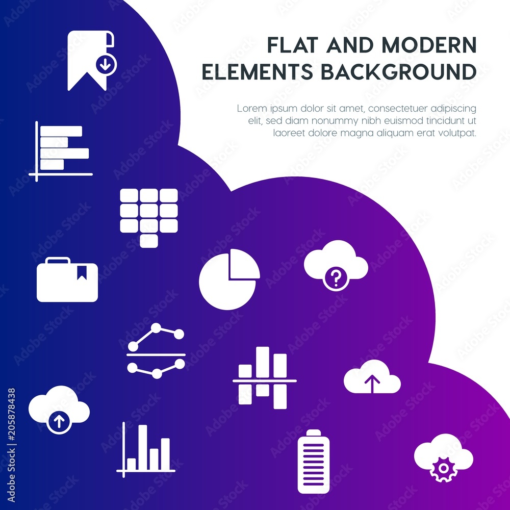 Poster cloud and networking, charts, mobile, bookmarks fill vector icons and elements background concept on