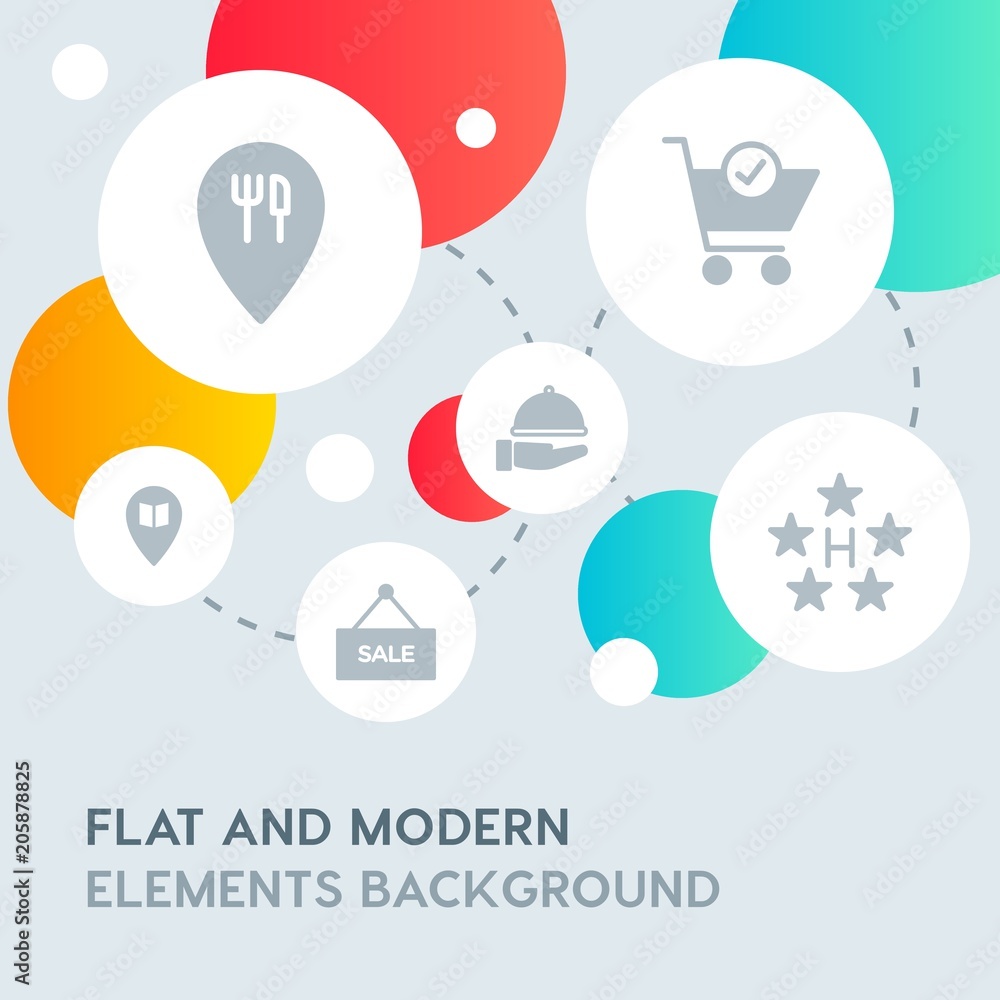 Poster hotel, location, shopping fill vector icons and elements background with circle bubbles networks.mul