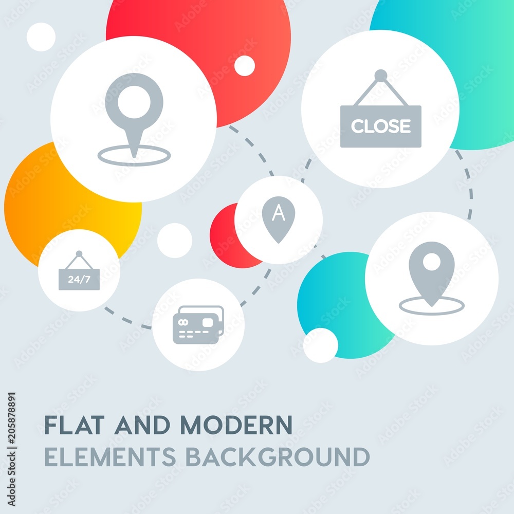 Aufkleber hotel, location, shopping fill vector icons and elements background with circle bubbles networks.mul