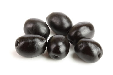 whole black olives isolated on white background macro