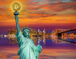 New york skyline with liberty holding bitcoin