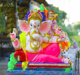 Ganesh Chaturthi also know as Vinayaka Chaturthi is the Hindu festival, God Ganesha Statue Made of Clay And Coated with Ceramic Colors, Handmade Artistic Effects, Beautiful Artifacts