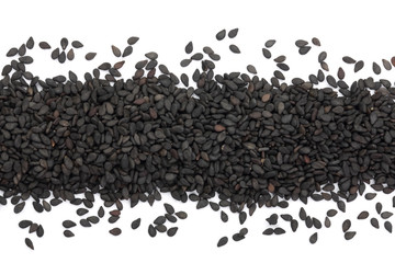 Fototapeta premium Black sesame seeds isolated on white background top view